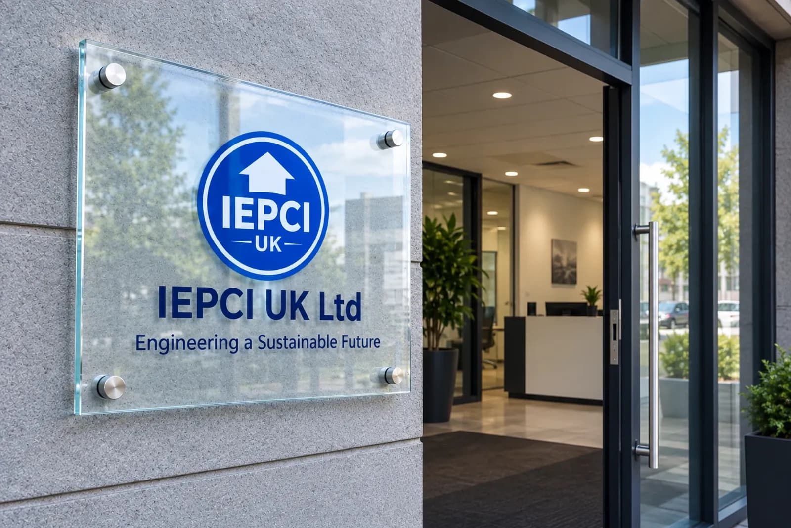 IEPCI UK Ltd glass sign at the office entrance, reading Engineering a Sustainable Future